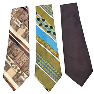 Vintage 70s Lot of 3 Mens Necktie Geometric Blue Stripe Brown Solid Polyester